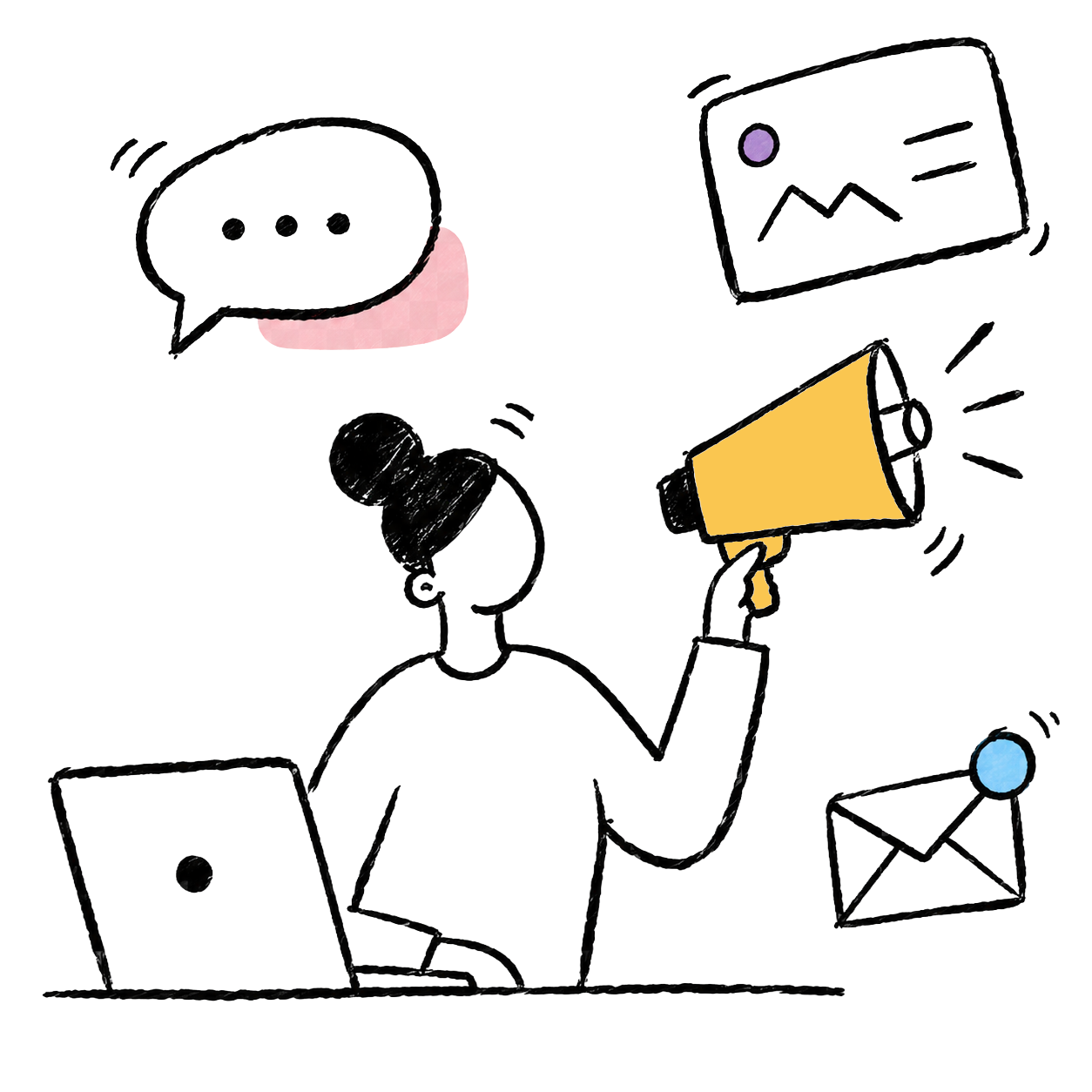 Ilustración de una mujer con megáfono, portátil y elementos de comunicación.
